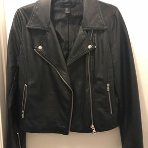 Black sleek faux leather jacket w/silver zippers